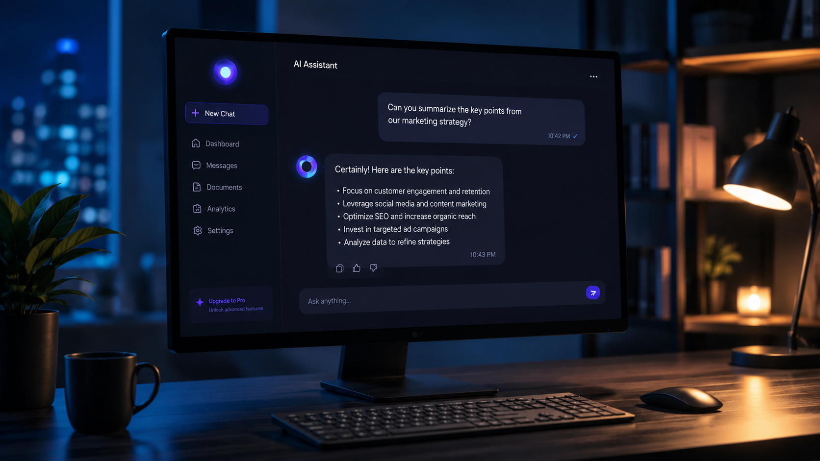 AI-assistent interface op monitor in donkere werkplek